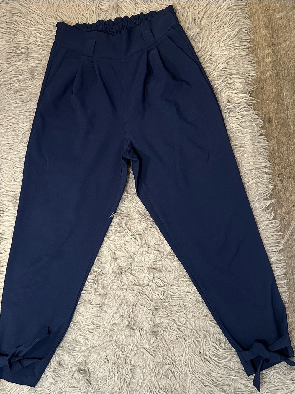 Navy Blue Pleated Dress Pants Women’s Bow Tie Ankle Elastic Waist Trousers
